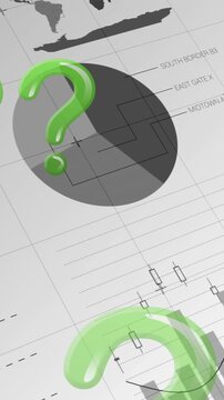 Animation of green question marks flying over statistics recording on white background
