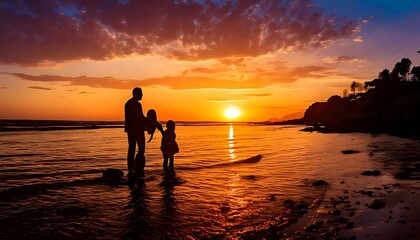 Fototapeta premium Silhouetted father and child walking on a tranquil beach at sunset.