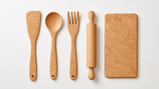 Collection of Wooden Kitchen Utensils and Cutting Board on White Background.