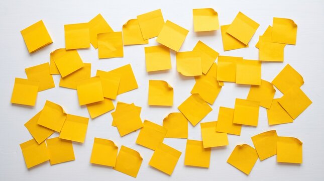 Yellow sticky note set on white background arrangement various post it paper sheets used for office organization reminders project management planning.