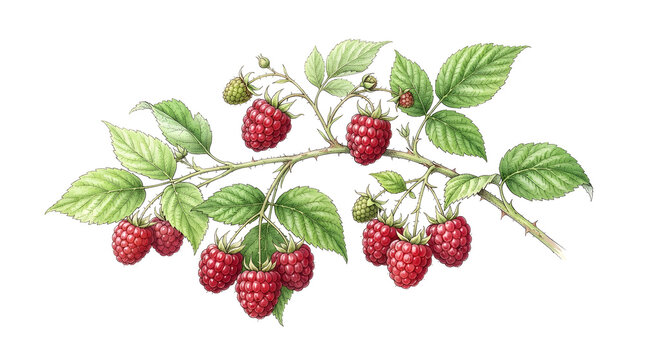 Precise botanical illustration of a raspberry branch featuring ripe red berries and green serrated foliage on a plain white background