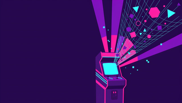 Surreal retro arcade cabinet holographic universe flat vector background