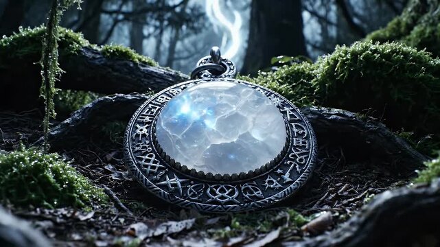 Mysterious glowing locket artifact discovered deep within a dark, moss-covered enchanted forest with ethereal light