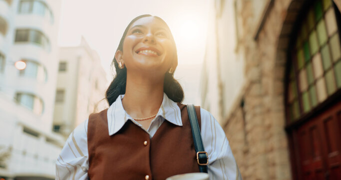 Business, woman and smile with walk in city for commute, job optimism and journey to interview. Outdoor, happy person or positive mindset for growth opportunity, travel or reflection for career start