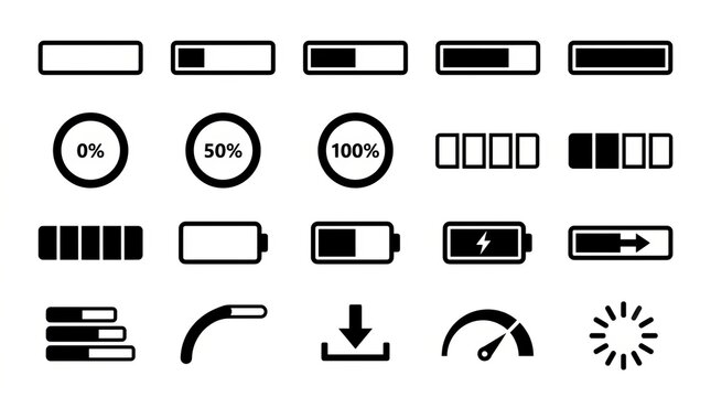 Collection of minimalist black and white user interface icons for technology and settings.