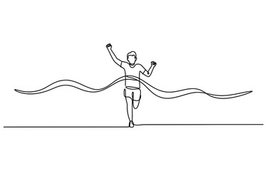 Continuous single line drawing of a winner runner crossing the finish line ribbon in a race Vector, illustration