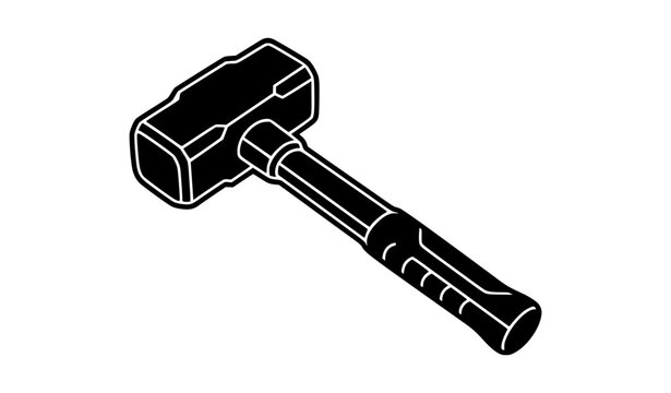 Rugged Construction Hammer with Long Handle Black and White Vector Illustration