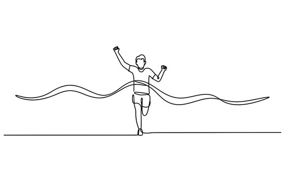 Continuous single line drawing of a winner runner crossing the finish line ribbon in a race Vector, illustration