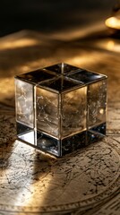 Fototapeta premium Transparent glass cube with intricate spiderweb patterns reflecting warm sunlight on a detailed vintage celestial map surface creating a mysterious ambiance
