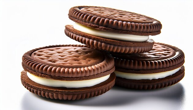 Sweet chocolate sandwich biscuits featuring rich cream filling on isolated white backdrop