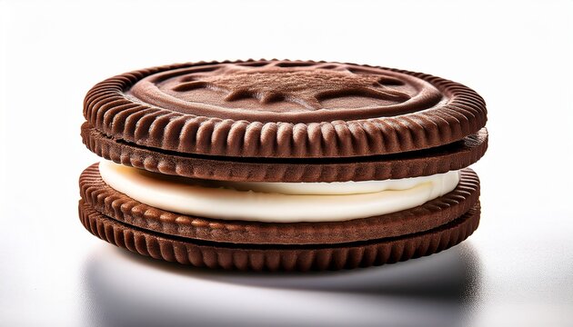 Sweet chocolate sandwich biscuits featuring rich cream filling on isolated white backdrop