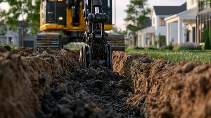 Fototapeta premium Excavator digging a deep trench in soil between residential houses for utility installation or landscaping work on a sunny day