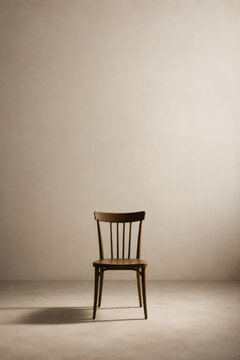 Single wooden chair in an empty minimalist room with soft shadow
