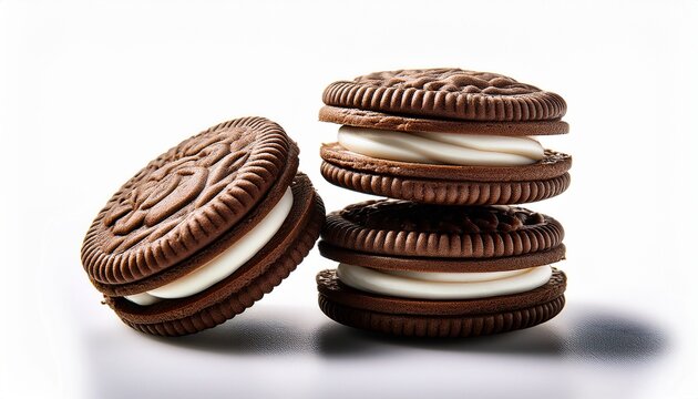 Sweet chocolate sandwich biscuits featuring rich cream filling on isolated white backdrop