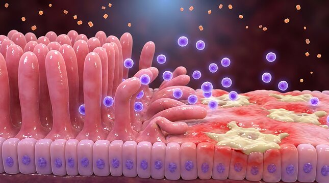 Healthy intestinal villi absorbing nutrients purple spheres with small orange particles on dark background scientific illustration for medical education.