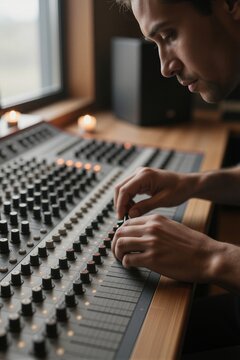 A sound engineer focuses on audio levels in a studio setting, adjusting faders with precision and calm concentration.