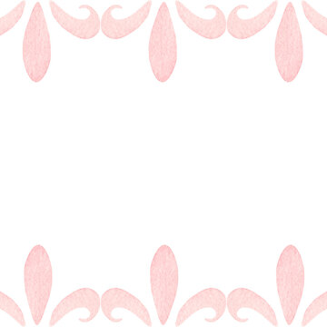 Pink square frame, elegant scrollwork, hearts. Hand-painted watercolor illustration isolated on white for invitations, wedding stationery, greeting cards, posters, feminine, valentine day designs