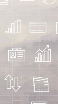 Animation of financial icons over cityscape