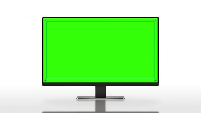 Realistic computer monitor screen, pc widescreen display frame animates onto the screen. computer display mock up concept graphic template. 4k chroma key ready. Track points. multi purpose. white BG