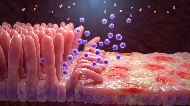 Close-up of intestinal villi with purple spheres indicating absorption or molecular transport, displaying healthy and inflamed intestinal lining for medical visualization.