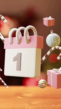 Animation of calendar with 1 number date and christmas decorations
