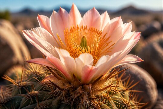 Cactus flower blooming on spiny cactus in desert landscape