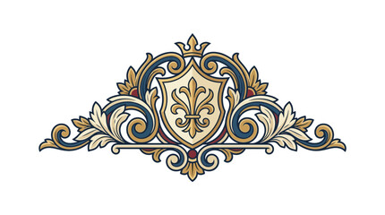 Heraldic crest featuring a crown and fleur de lis symbol is surrounded by elaborate baroque scrollwork. © Lisgi