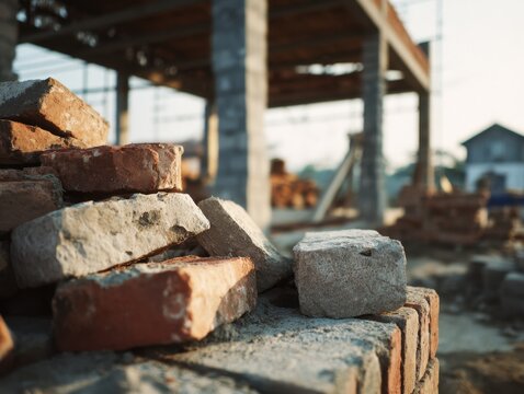 Piles of old red and gray bricks stacked on a construction site with blurred framework and materials in the background during daylight hours