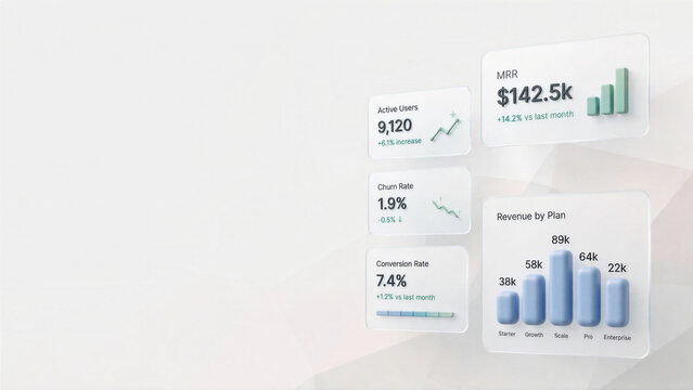Clean minimal 3D SaaS dashboard in light theme with floating metric cards and bar charts for B2B website header