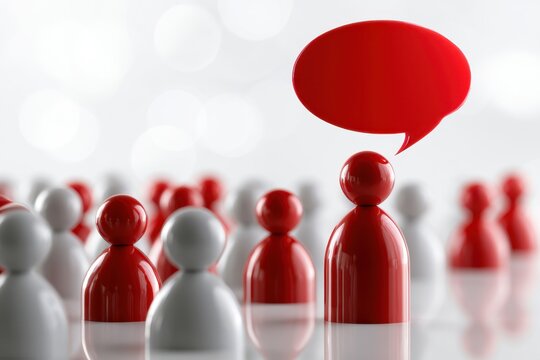 Red and white wooden figurines with one red figure speaking through a bold red speech bubble symbolizing communication and leadership concepts in a crowd