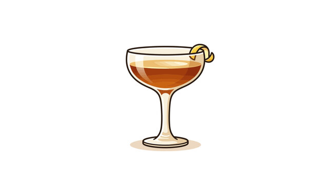 Cocktail in a coupe glass garnished with a lemon twist stands on a white background.