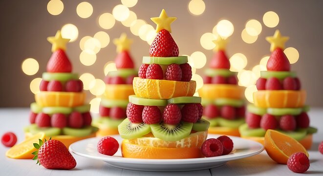 Festive christmas tree shaped fruit platters with strawberries, raspberries, kiwi slices, and orange segments, arranged on a white table with bokeh lights