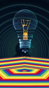 Animation of bulb over moving coloured hexagonal surface with dark background