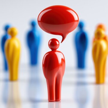 Red glossy figure with speech bubble standing out among blurred blue and yellow figures symbolizing communication and leadership concepts in a group setting