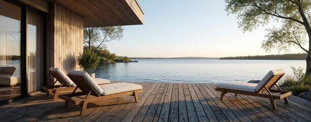 Fototapeta premium Modern wood house on lake with deck, lounge chairs, trees. Peaceful waterside property offers serene views ideal for relaxation and nature retreat.