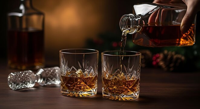 Pouring whiskey into a crystal glass on a wooden table with a decanter in the background, festive holiday atmosphere with pine cones and berries