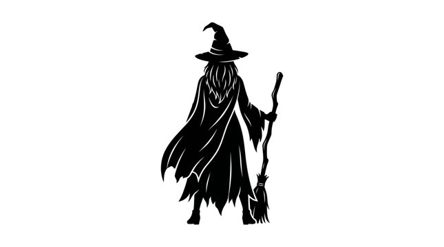 Halloween Halloween witch silhouette. Spooky elderly crone with pointed hat and tattered robes walking alone in dark night. Scary black magic icon character design. vector