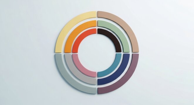 Abstract geometric 3D circle composed of twelve concentric arc segments in multi-colored tones arranged in four quadrants on a white background for infographics and data visualization.