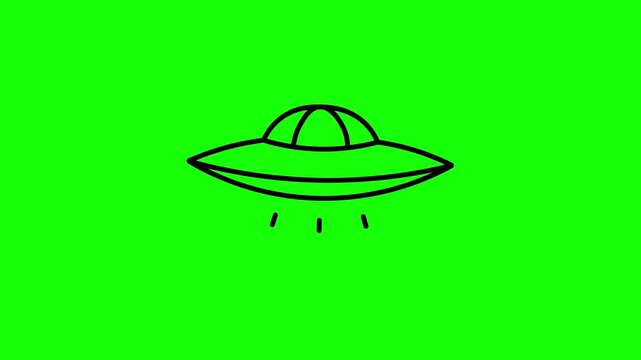 Animated cartoon UFO, a moving spacecraft emitting beams of light, 4K animation with a green background.