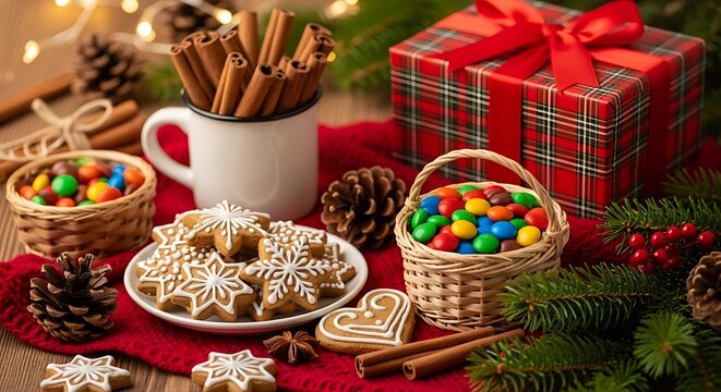Christmas festive table setting with gingerbread cookies, cinnamon sticks, colorful candies in baskets, and a gift box on a red knitted cloth