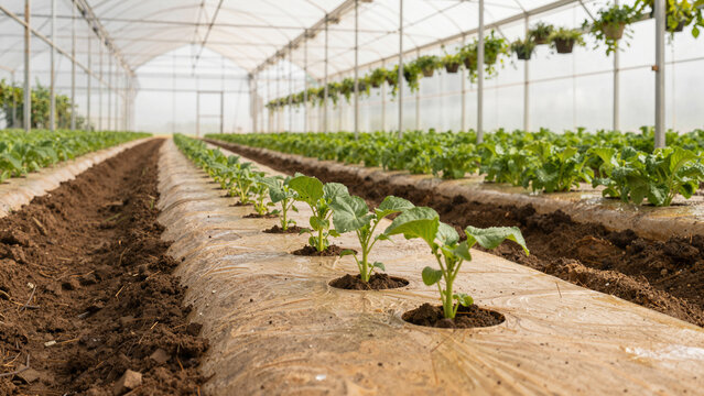 Tiny green seedlings are planted in a large greenhouse, where rows of young plants stretch along soil beds. The light shines through the clear roof