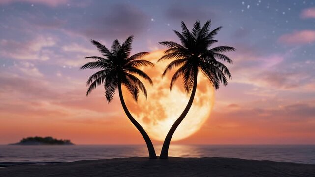Palm trees silhouetted against a giant glowing orange moon, pastel twilight sky, dreamy fantasy atmosphere, 4K video