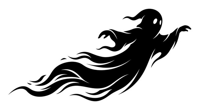 Halloween Spooky Ghost Vector Illustration. Scary Halloween Spirit. Black spectral haunter silhouette flying. Dynamic evil ghost symbol. Creepy apparition graphic element vector