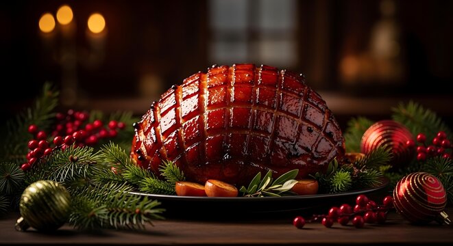 Glazed christmas ham on a festive platter with pine branches, red ornaments, and berries on a rustic wooden table, warm holiday lighting background