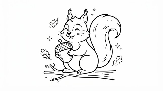 Cute cartoon squirrel holding an acorn on a tree branch line art drawing