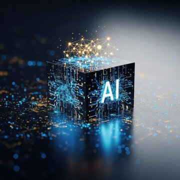 3D rendering of a black digital cube with AI text, glowing blue circuit patterns, and a golden neural network mesh on top, positioned on a dark reflective surface with bokeh.