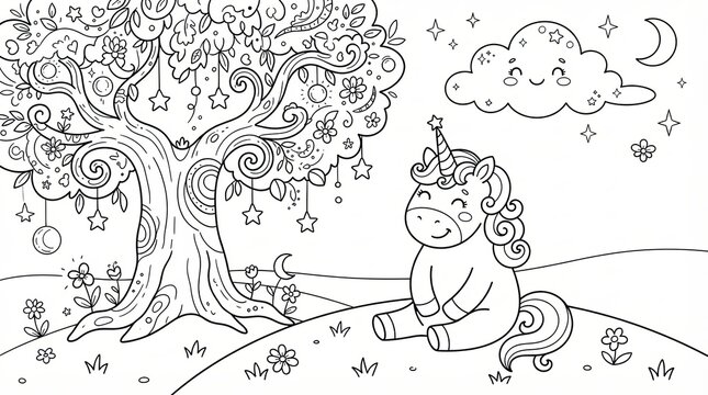 Cute unicorn sitting under a magical tree with stars for coloring page