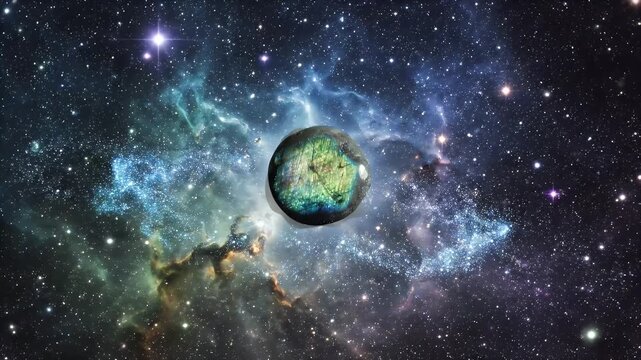Close-up view of a mesmerizing labradorite gemstone with vibrant blue and green iridescent flashes against a starry galaxy background