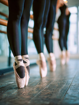 Ballet dancers practicing en pointe wearing pink ballet slippers and black tights in a bright dance studio with wooden floors and mirrored wall background