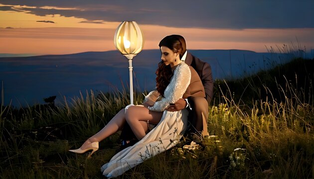Romantic couple embracing on a grassy hill during a serene golden hour sunset.